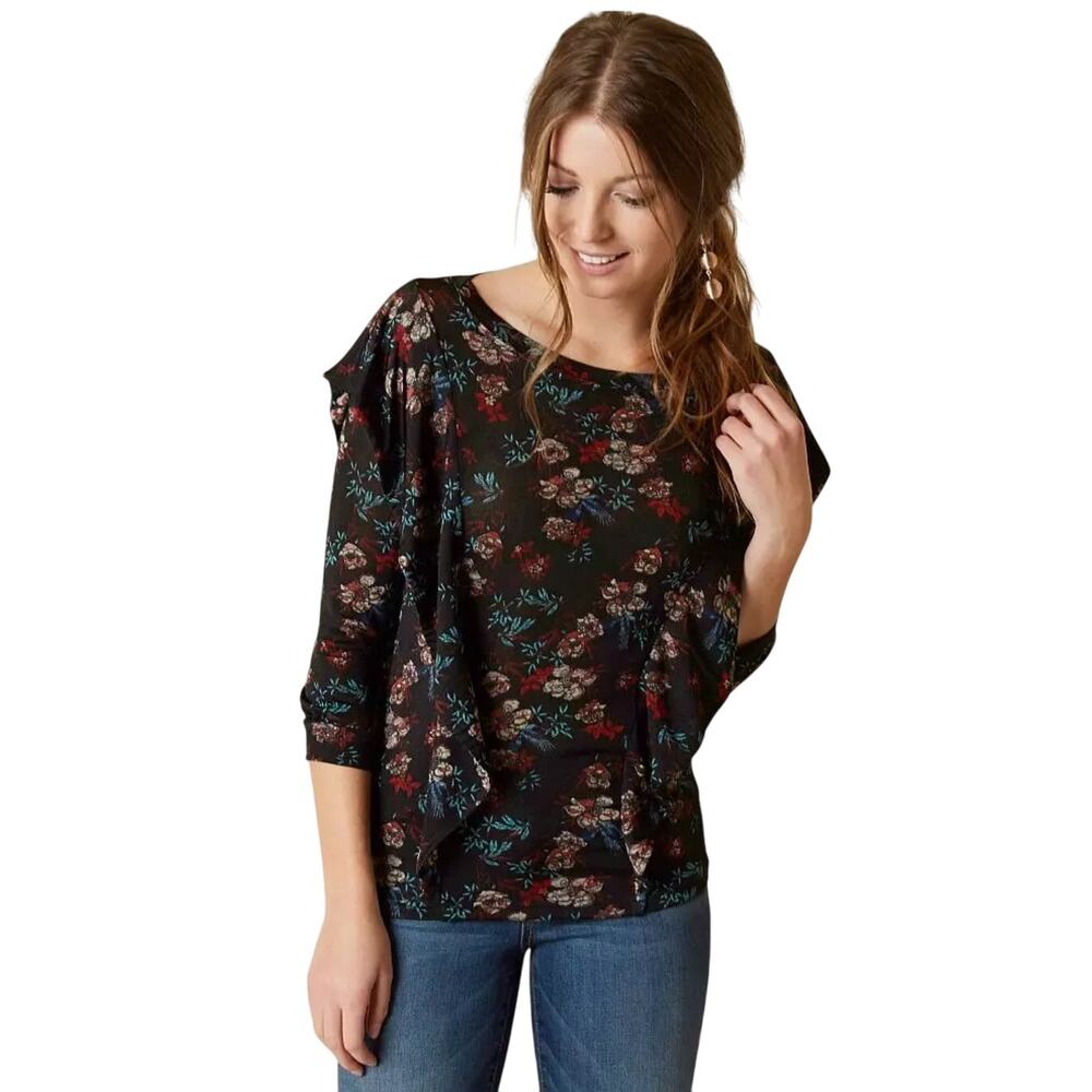Free People Dock Street Top Black Floral‎ Size Small